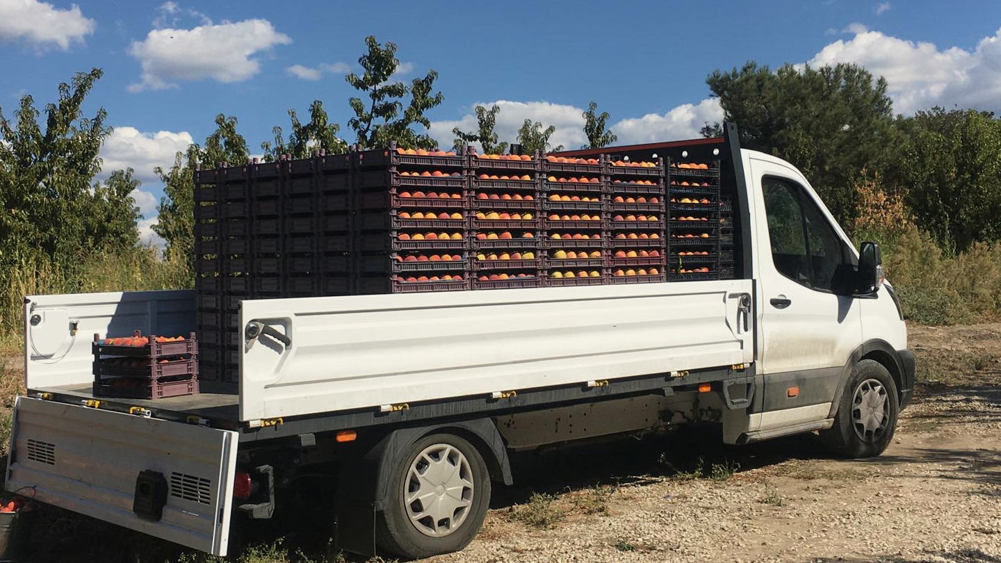 Şeftali kasaları yüklenmiş beyaz sevkiyat kamyoneti